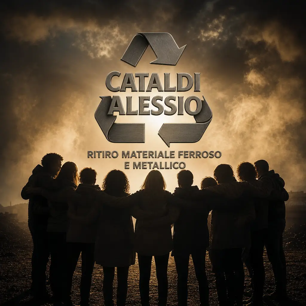 Logo di Smaltimento Cataldi dedicato al ritiro di materiale ferroso e metallico con simbolo del riciclo al centro e persone unite sullo sfondo. Azienda specializzata nel recupero di rottami metallici, ferro, acciaio, alluminio e altri metalli con servizio di ritiro a domicilio a Lecce, Galatone, Brindisi e provincia.