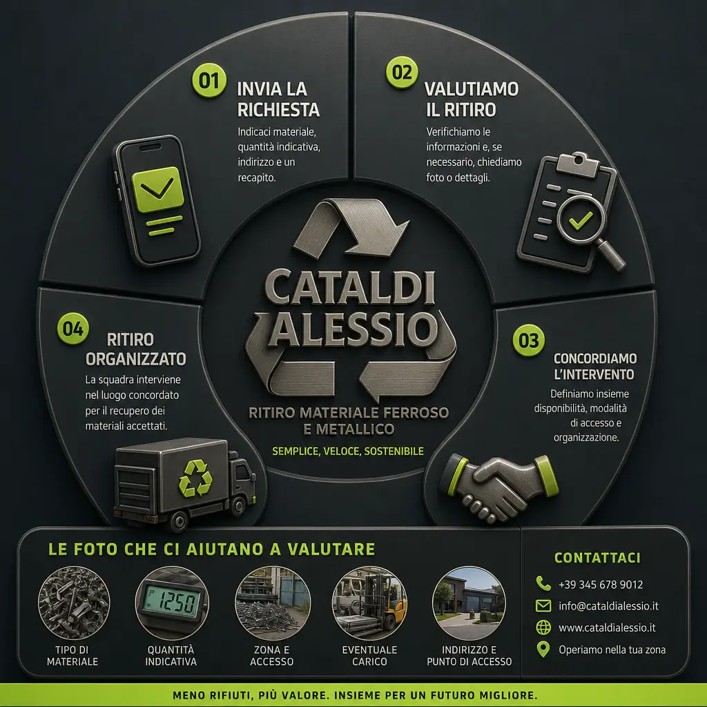 Infografica che illustra il processo di ritiro di materiale ferroso e metallico di Smaltimento Cataldi. Le fasi comprendono invio della richiesta, valutazione del materiale, organizzazione dell'intervento e ritiro a domicilio. Servizio professionale di recupero rottami, ferro, acciaio, alluminio e metalli a Lecce, Galatone, Brindisi e provincia.