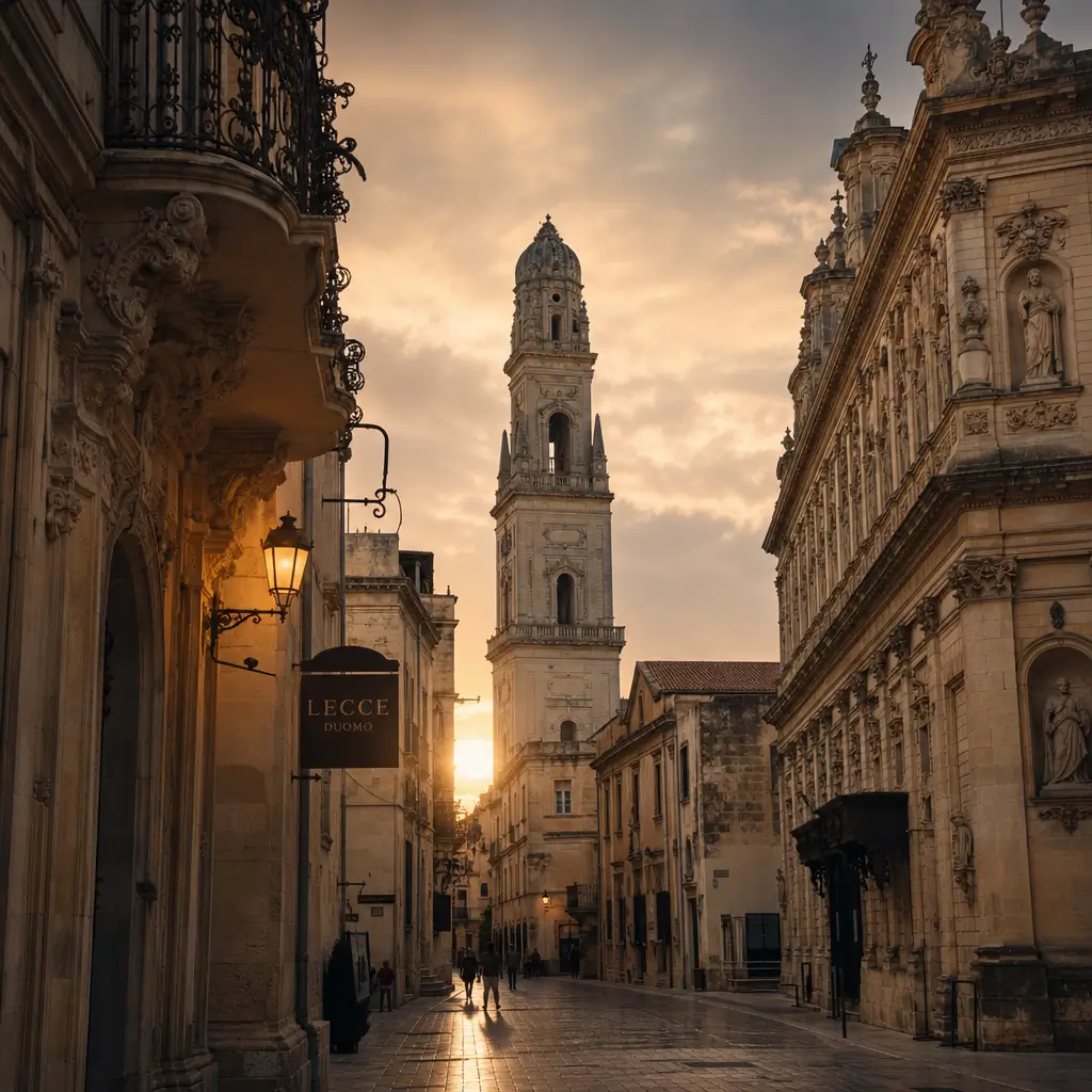 Vista panoramica del centro storico di Lecce con il campanile del Duomo al tramonto. Smaltimento Cataldi offre servizi di ritiro rifiuti, raccolta rottami metallici, recupero materiali ferrosi e non ferrosi, sgomberi e smaltimento a domicilio a Lecce e provincia con interventi rapidi per privati e aziende.